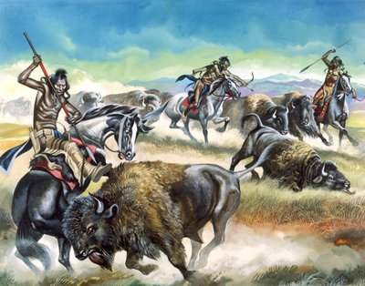 Nativi americani che uccidono i bisonti americani (guazzo su carta) da Ron Embleton