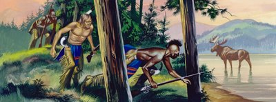 Indiani nativi americani che inseguono un alce (gouache su carta) da Ron Embleton