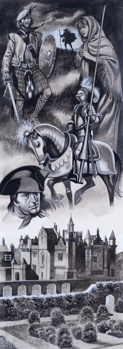 Castello scozzese e personaggi della storia scozzese (gouache su carta) da Ron Embleton