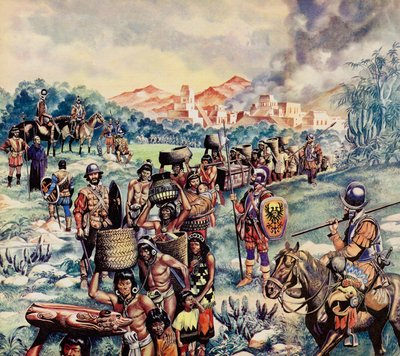 La conquista spagnola del Messico (litografia a colori) da Ron Embleton