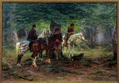 Cavalieri sorpresi dalla pioggia (XVII secolo). In una foresta, uomini a cavallo si riparano sotto un albero aspettando che la pioggia smetta di cadere da Rosa Bonheur