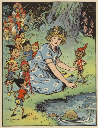 Ragazza circondata da folletti (litografia a colori) da Rosa Petherick