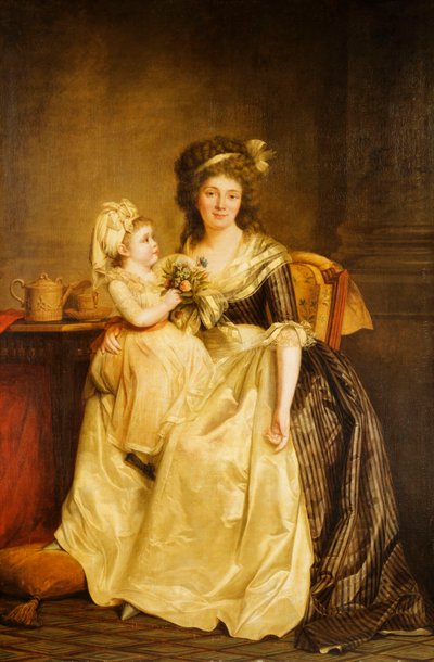 Ritratto di una signora, seduta a figura intera accanto a un tavolo, con sua figlia, con un mazzo di fiori da Rose Adelaide Ducreux