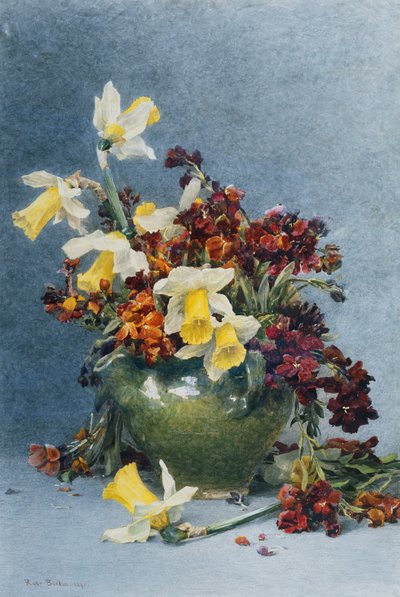 Narcisi e violacciocche in un vaso verde, 1890 da Rose Maynard Barton