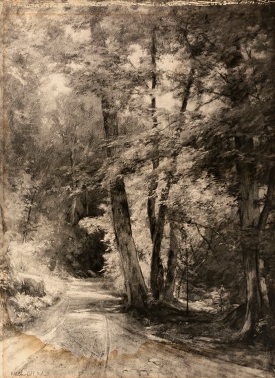 Fotoincisione di un dipinto di una scena di bosco da Roswell Morse Shurtleff