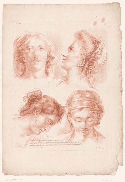 Vier vrouwenhoofden in verschillende houdingen (Principes van het tekenen naar de natuur, deel drie) da Louis François Roubillac