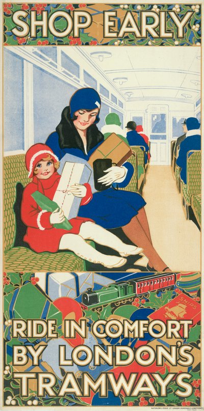 Compra Presto, Viaggia Comodo con i Tram di Londra, poster del Consiglio della Contea di Londra, 1928 da Rowles