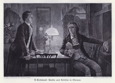 Scrittori tedeschi Friedrich Schiller e Johann Wolfgang von Goethe a Weimar (incisione) da Rudolf Eichstaedt