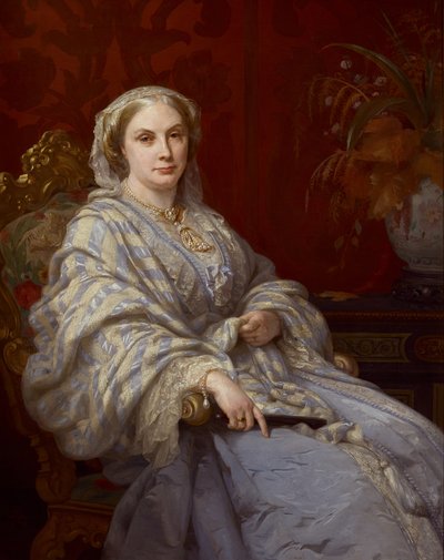 Ritratto di Louisa, moglie di Algernon, 6° Duca di Northumberland, tre quarti di lunghezza, con un vestito blu e uno scialle a righe blu e bianco da Rudolf Lehmann