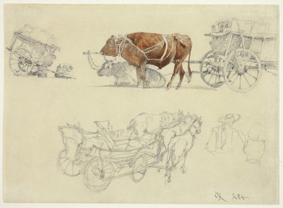 Studi sui carri contadini slovacchi con buoi e cavalli da Rudolf von Alt