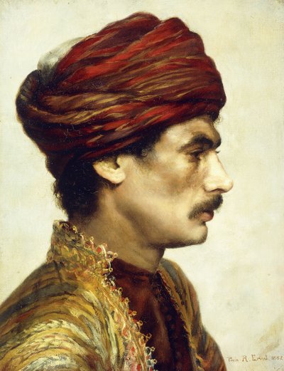 Ritratto di profilo di un uomo con turbante rosso da Rudolphe Ernst