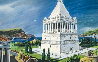 Il Mausoleo di Alicarnasso, completato nel 353 a.C. (gouache su carta) da Ruggero Giovannini