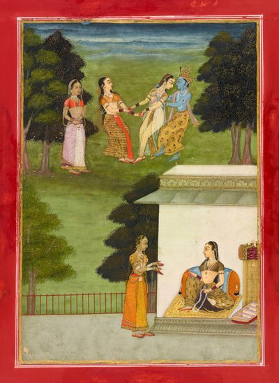 Krishna che gioca con le gopi, foglio da un Rasikpriya da Ruknuddin