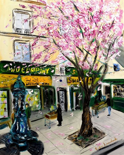 Fiori di ciliegio a Shakespeare and Co Paris - con decorazione dorata, 2023 da Ruslana Levandovska