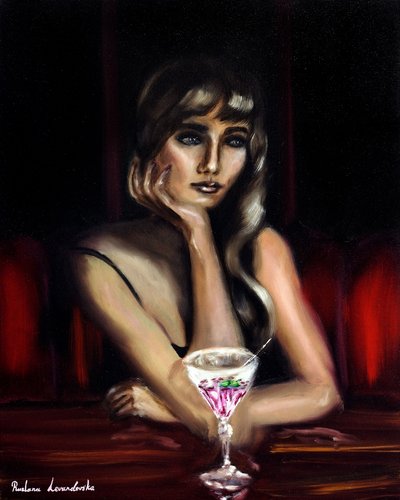 Donna con cocktail rosa, 2024 (olio su tela) da Ruslana Levandovska