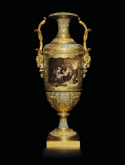 Vaso a due manici in porcellana e foglia d