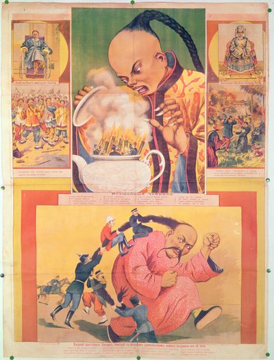 Poster comico russo che satira gli europei in Cina, stampato a Mosca, Russia, 1900 da Russian School