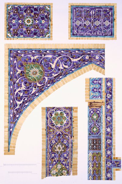 Piastrelle decorative in blu, verde e crema con contorni dorati da Russian School