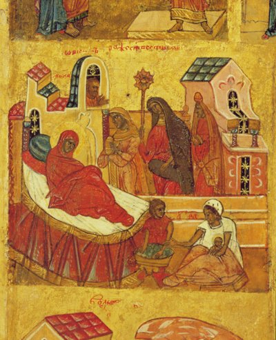 Icona raffigurante la Nascita della Vergine, c.1550 (dettaglio) da Russian School
