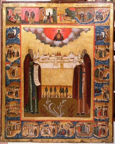 Santi Zosimo e Sabbateo di Solovetsk con scene della loro vita da Russian School