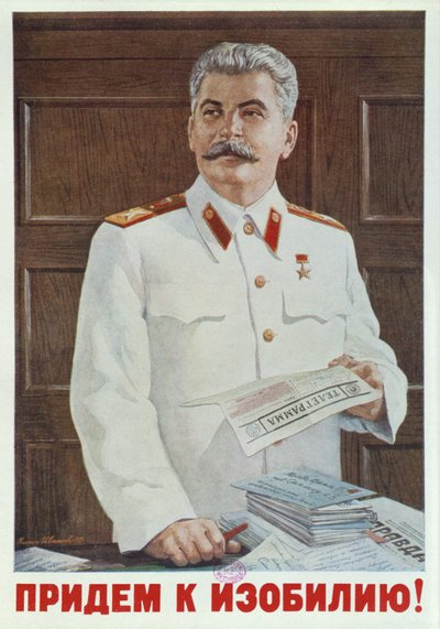 Poster sovietico di Stalin che legge un telegramma, 1949 da Russian School