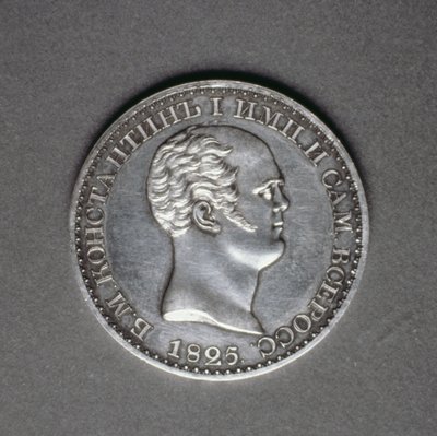 Prova (rovescio) per un Rublo di Costantino Pavlovich (1779-1831), 1825 (platino) da Russian School