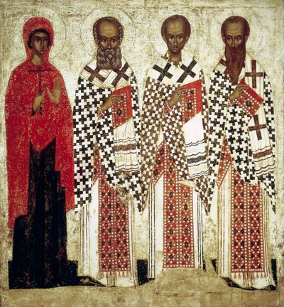 Paraskeva Pyatnitsa, Gregorio il Teologo, Giovanni Crisostomo e Basilio il Grande, inizio XV secolo da Russian icon.