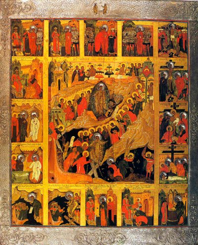 La discesa agli inferi con le scene della Passione di Cristo, XVI secolo da Russian icon.