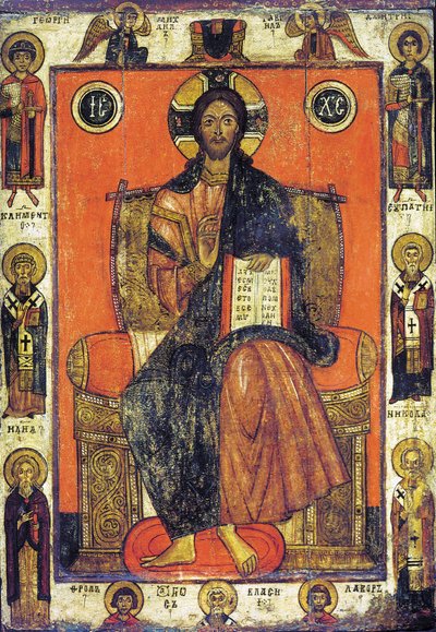 Il Salvatore in trono con santi selezionati da Russian icon.