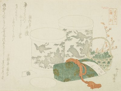 Una coppia di scatole, una cassetta delle lettere e fiori di pruno da Ryuryukyo Shinsai