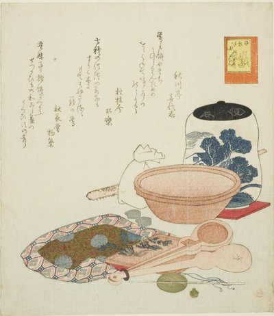 Vaso, bilancia e ciotola, n. 6 della serie "Le imprese del coniglio (Usagi tegarabanashi)". da Ryuryukyo Shinsai