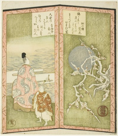Fiori di pruno e poeta, da un esapittico senza titolo che raffigura una coppia di paraventi pieghevoli da Ryuryukyo Shinsai