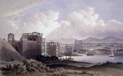 Ponte Tubolare Britannia sullo Stretto di Menai, durante la costruzione nel 1848, litografia di Day and Son da S. (after) Russell
