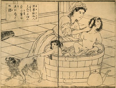 Donna Americana che Fa il Bagno ai Suoi Bambini, 1862-1865, 1924 da Sadahide Utagawa