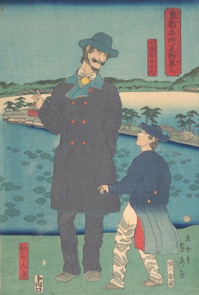 Olandese e bambino che osservano il santuario di Benten allo stagno di Shinobazu da Sadahide Utagawa