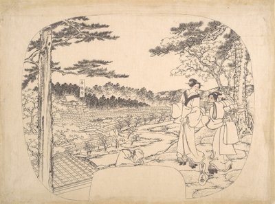 Due donne che ammirano i panorami da un punto di osservazione...il tempio Zenpukuji da Sadahide Utagawa
