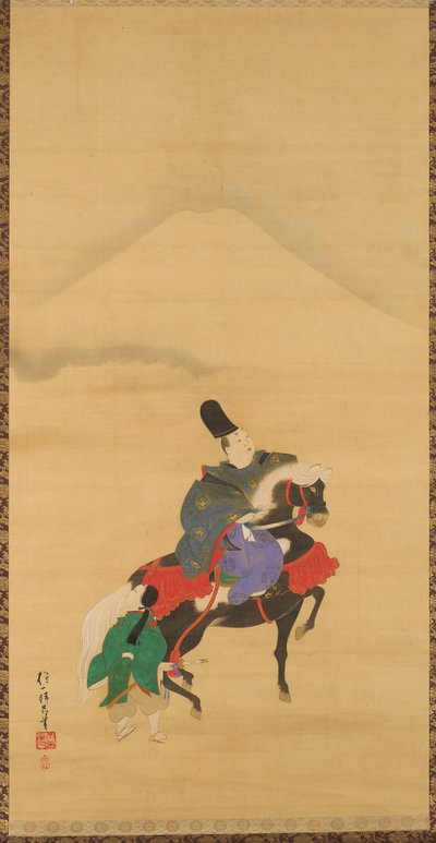 Narihira reitet unterhalb des Fuji da Sakai Hoitsu