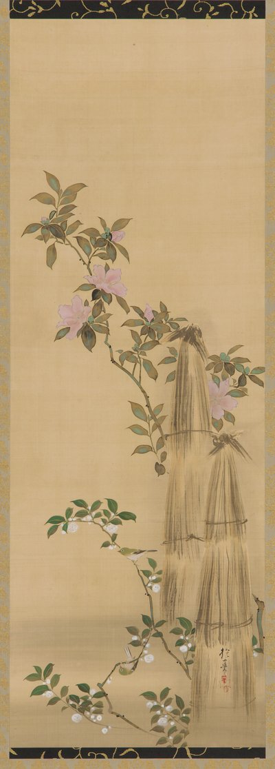 Fiori rosa e bianchi e coperture di paglia, periodo Edo, 1761-1828 da Sakai Hoitsu