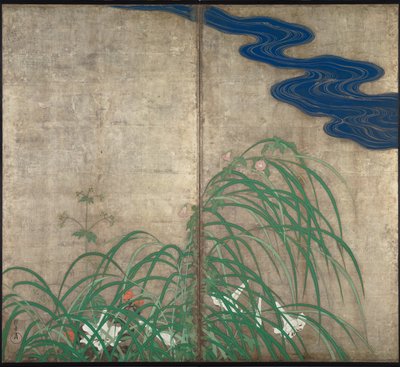 Piante di fiori estivi e autunnali. Parte della coppia di schermi a due ante da Sakai Hoitsu
