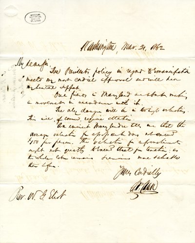 Lettera firmata S.P. Chase, Washington, a W.G. Eliot, 31 marzo 1862 da Salmon P. Chase