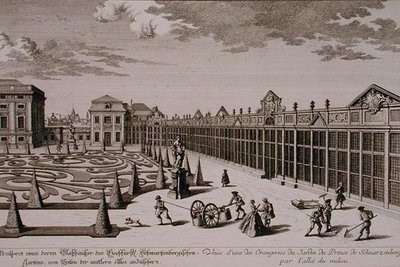 Veduta di una delle aranciere nel giardino del Principe di Schwarzenberg, Vienna, inciso da Georg-Daniel Heumann, pubblicato c.1724-37 da Salomon (after) Kleiner