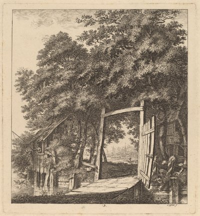 Un cancello rustico accanto a un lago da Salomon Gessner