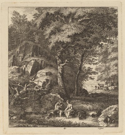 Un pastore e una giovane donna con i piedi in un ruscello da Salomon Gessner