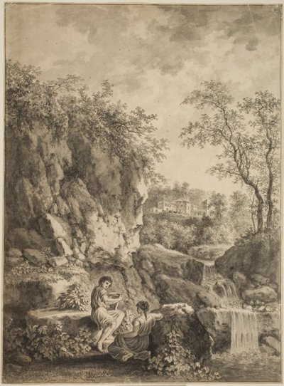 Paesaggio roccioso con un ruscello. In primo piano un giovane con un flauto di canna e una giovane donna da Salomon Gessner
