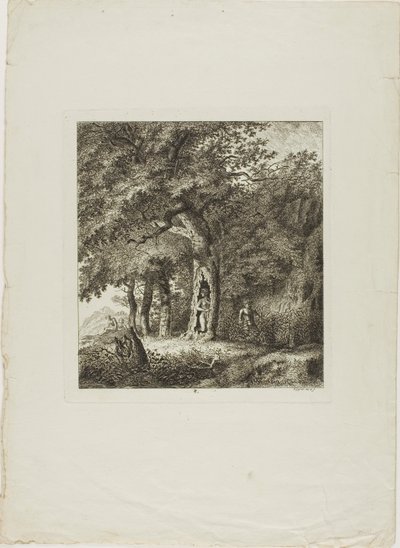 Ninfa che si nasconde su un albero, ottava tavola da Paysages Dédiés à M. Warelet da Salomon Gessner