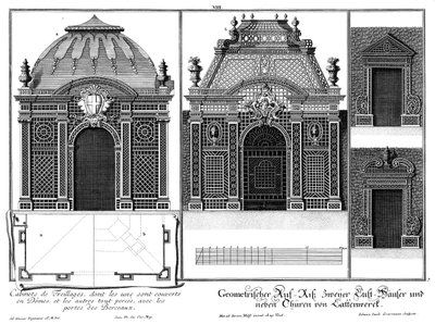 Prospetto di due padiglioni in legno e due porte del pergolato, pianta di due soluzioni per il tetto da Salomon Kleiner