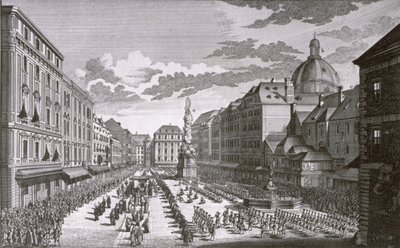 Veduta di una processione nel Graben incisa da Georg-Daniel Heumann (1691-1759) da Salomon Kleiner