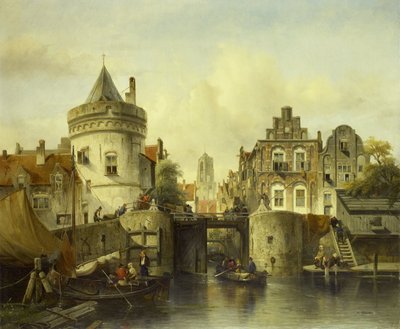 Veduta immaginaria basata sul Kolksluis, Amsterdam da Salomon Leonardus Verveer