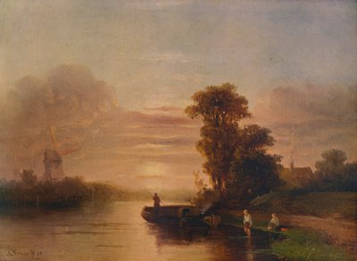 Tramonto su un fiume, con mulino a vento e cottage, 1848 da Salomon Leonardus Verveer