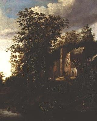 Paesaggio fluviale boscoso con contadini vicino a una casa padronale in rovina da Salomon Rombouts